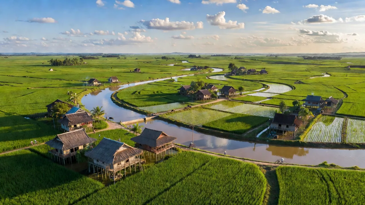 Cảnh sắc huyện Châu Thành, Kiên Giang với cánh đồng xanh, sông nước và nhà truyền thống.
