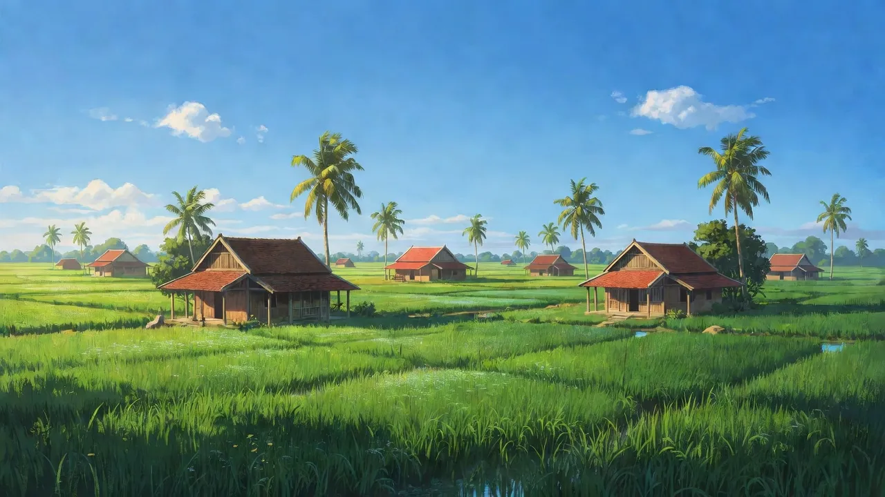Cảnh đẹp xã Bình An huyện Châu Thành Kiên Giang với đồng bằng xanh mướt và bầu trời trong sáng.