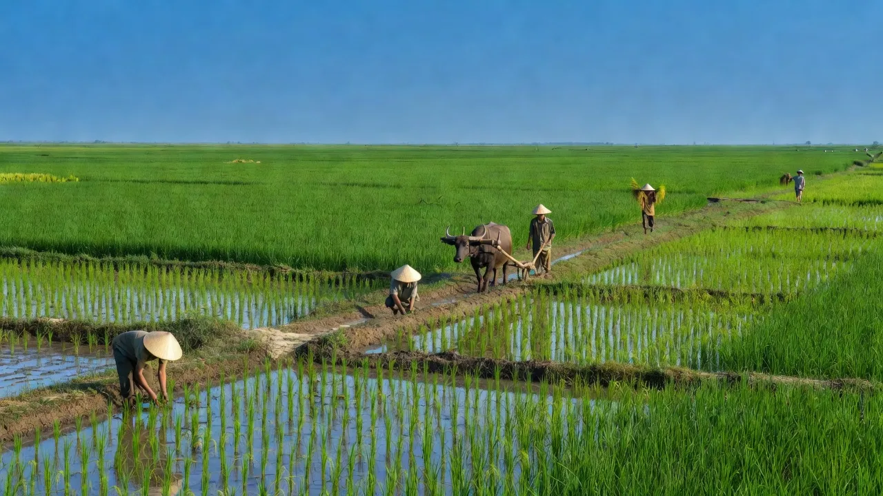 Cảnh đồng bằng xanh tươi của xã Bình An, huyện Châu Thành, Kiên Giang với nông dân làm việc.