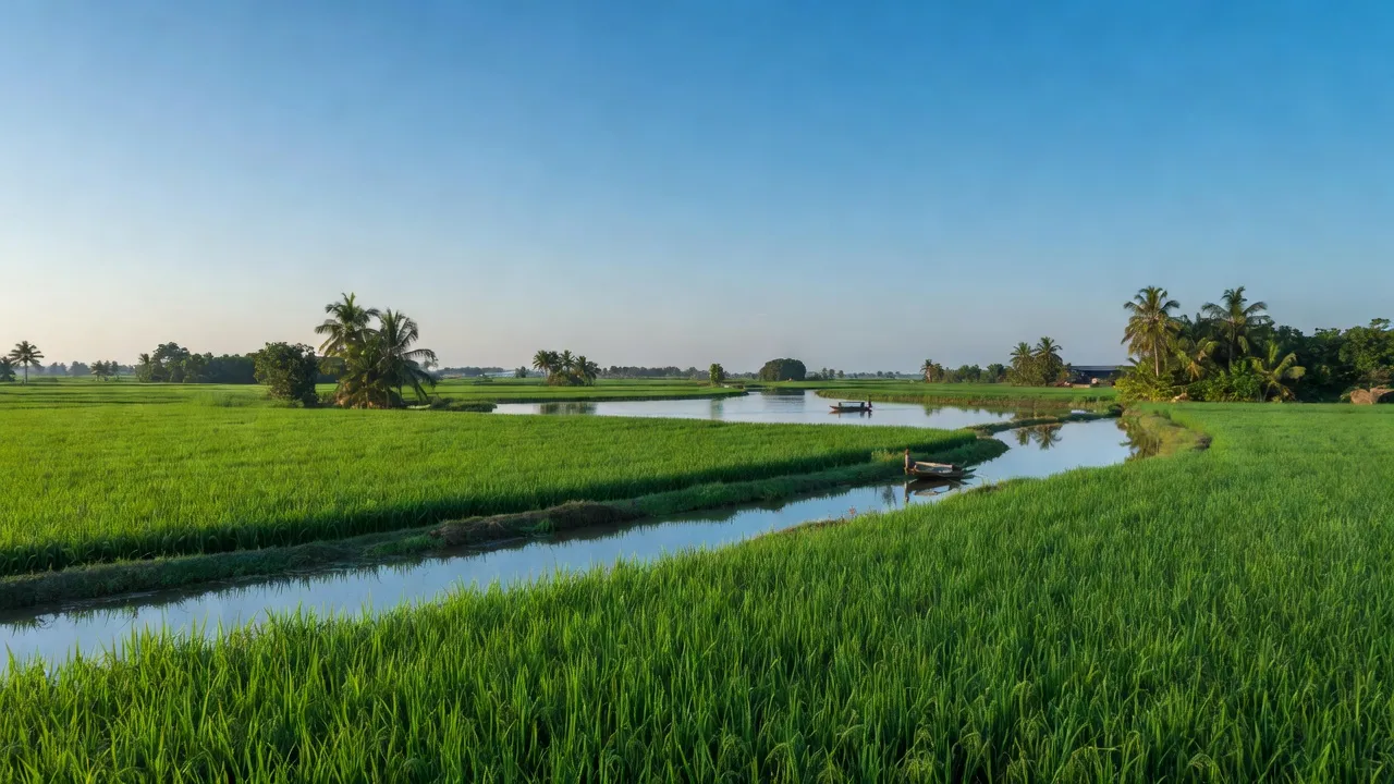 Cảnh quan nông nghiệp tại Xã Giục Tượng, huyện Châu Thành, Kiên Giang với cánh đồng lúa xanh và bầu trời trong xanh.