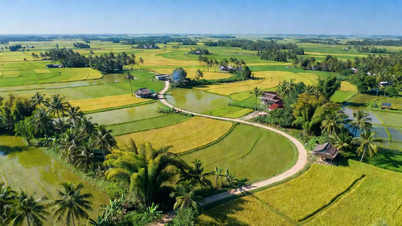 Khung cảnh nông nghiệp xã Giục Tượng, huyện Châu Thành, tỉnh Kiên Giang, với cánh đồng lúa xanh tốt.