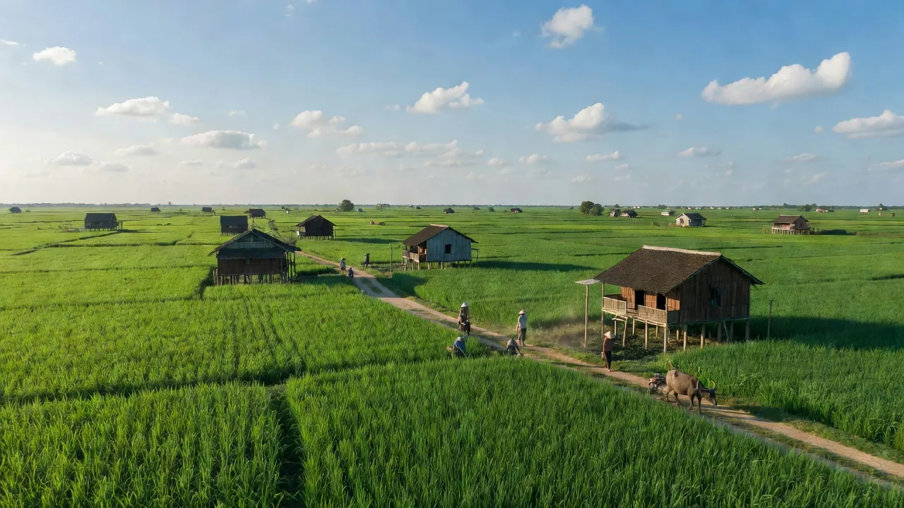 Phong cảnh miền quê xã Minh Hòa, huyện Châu Thành, tỉnh Kiên Giang với cánh đồng xanh, nhà truyền thống.
