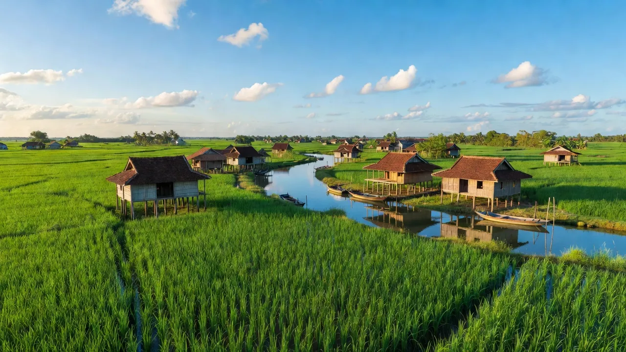 Cảnh đẹp xã Mong Thọ A, huyện Châu Thành, tỉnh Kiên Giang với ruộng đồng xanh mướt và nhà truyền thống.