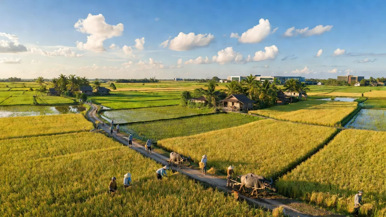 Cảnh đồng bằng xanh mát ở xã Mong Thọ B, huyện Châu Thành, Kiên Giang, với nông nghiệp phát triển.