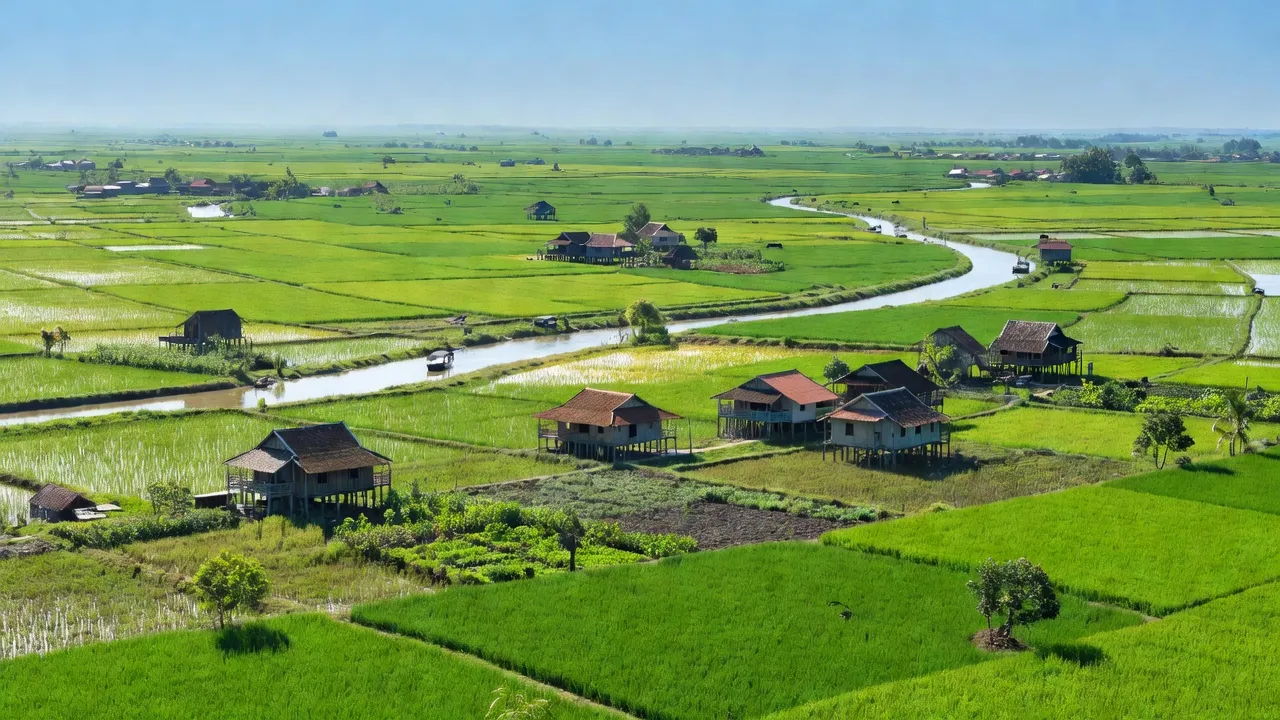Khung cảnh làng Mong Thọ, huyện Châu Thành, tỉnh Kiên Giang với đồng ruộng xanh tươi.