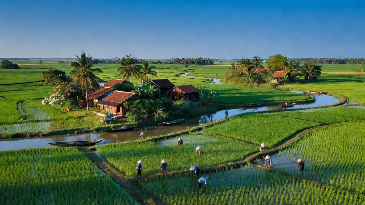 Thạnh Lộc village in Châu Thành, Kiên Giang with rice fields, rivers, and traditional houses.