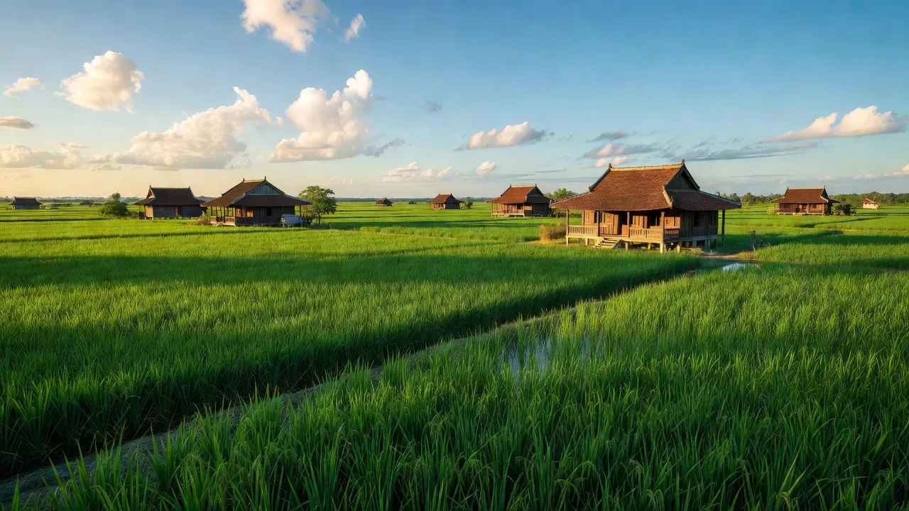 Cảnh đồng xanh Vĩnh Hòa Hiệp, Châu Thành, Kiên Giang với nhà truyền thống và bầu trời trong xanh.