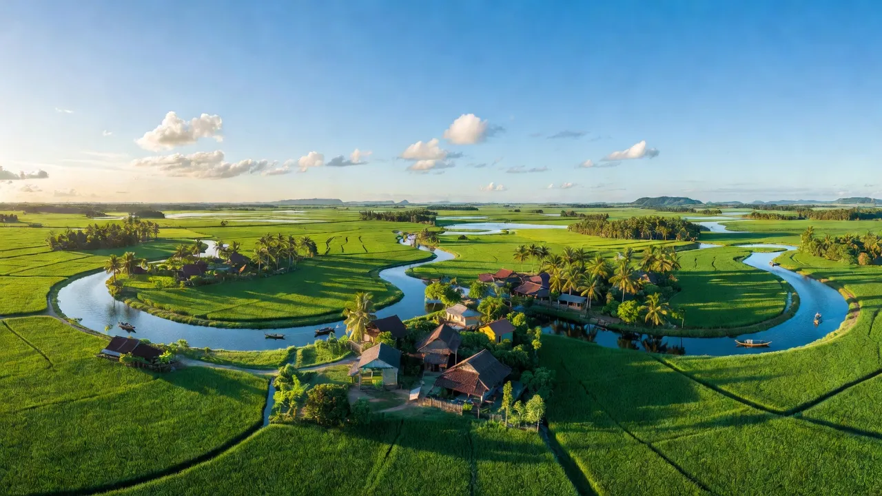 Khung cảnh huyện Giang Thành, Kiên Giang với cánh đồng xanh, kênh rạch và làng quê yên bình.
