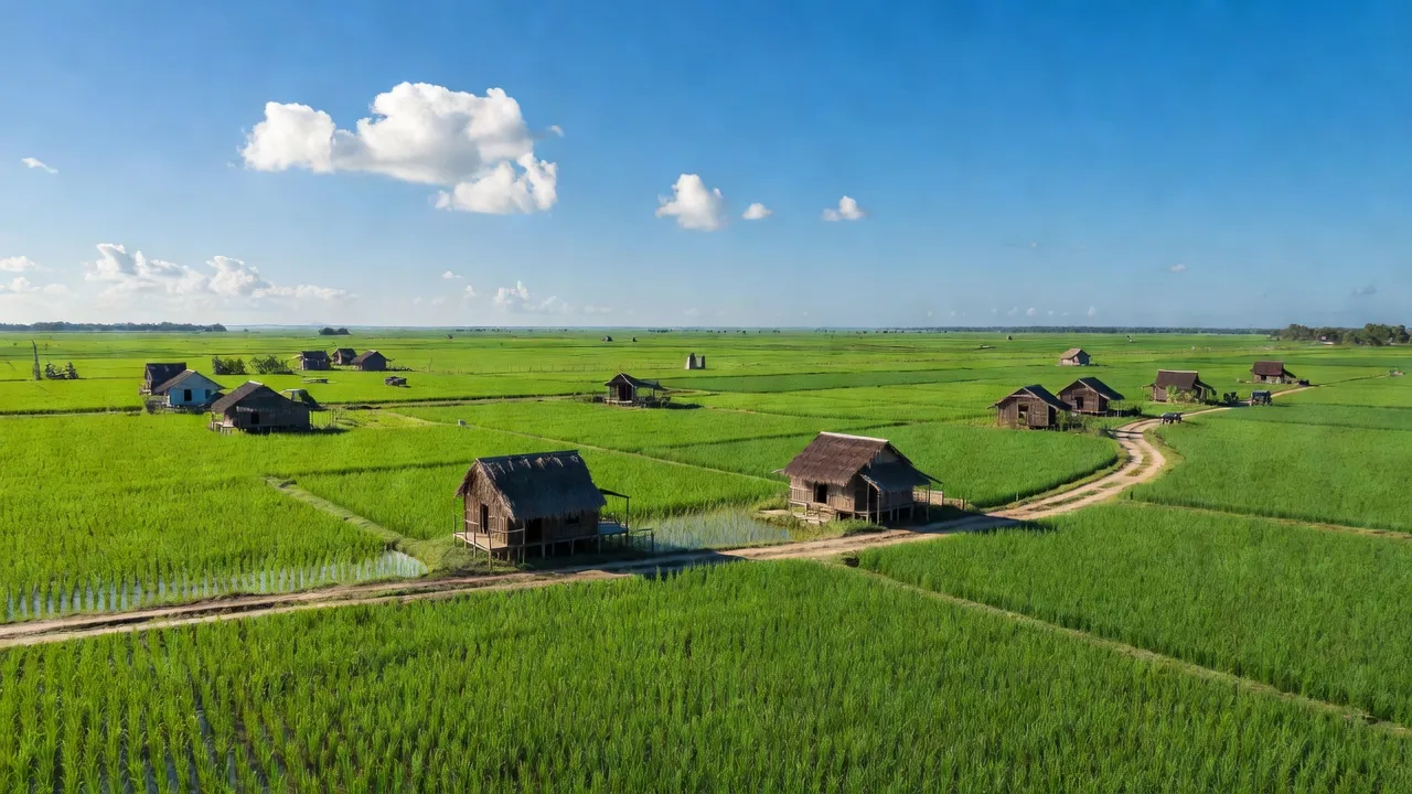 Khung cảnh xã Phú Lợi, huyện Giang Thành, tỉnh Kiên Giang với cánh đồng xanh và nhà truyền thống.