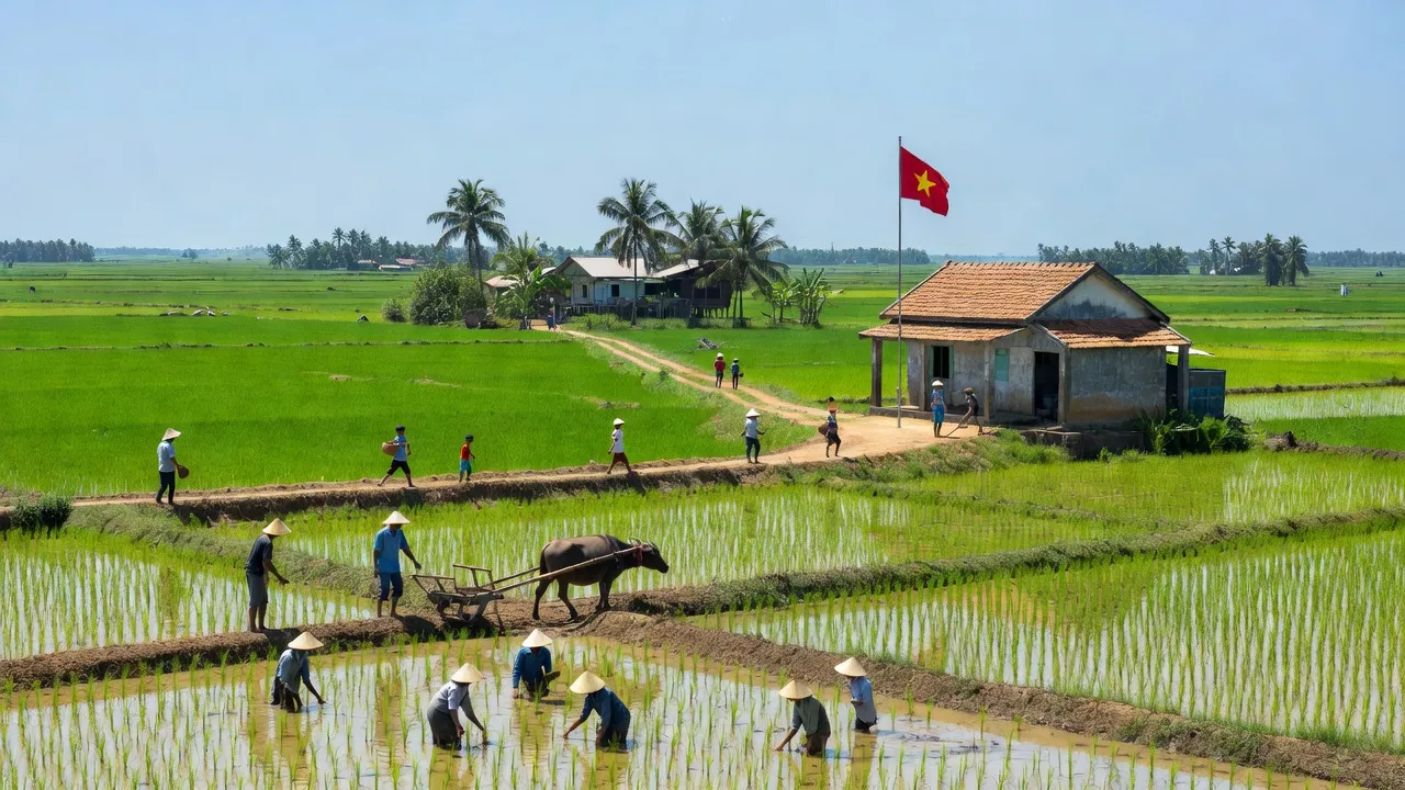 Cảnh quan xã Phú Mỹ, huyện Giang Thành, tỉnh Kiên Giang với đồng ruộng xanh và đồn biên phòng.