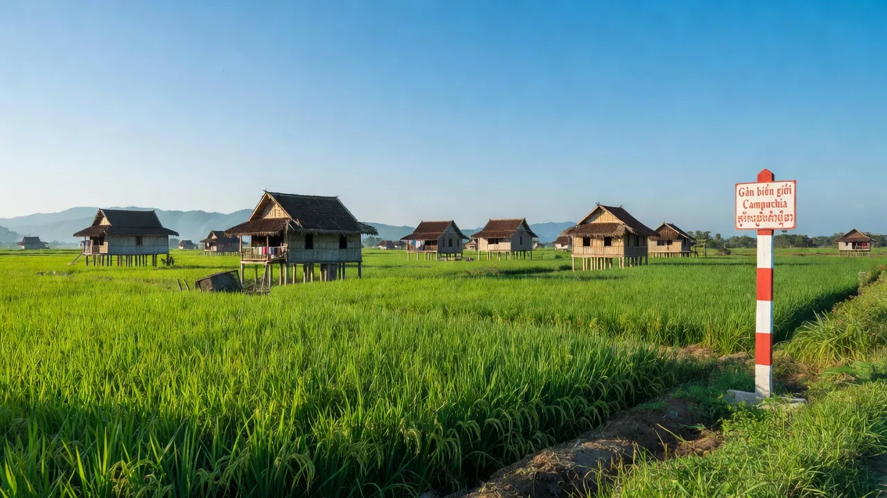 Phong cảnh xã Phú Mỹ huyện Giang Thành Kiên Giang với cánh đồng xanh và nhà Khmer truyền thống.