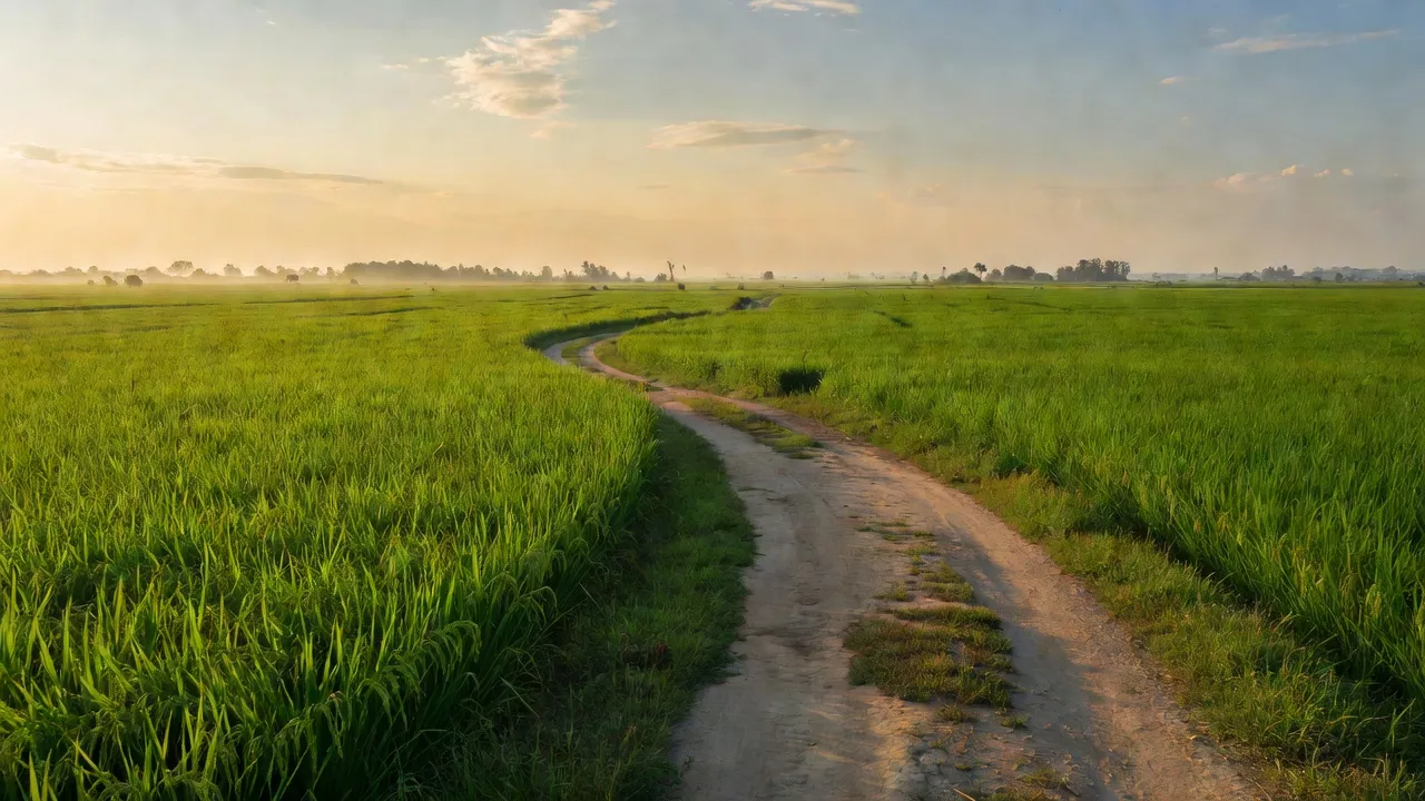 Cảnh thiên nhiên tươi đẹp tại xã Tân Khánh Hòa, huyện Giang Thành, tỉnh Kiên Giang, với đồng xanh và đường về biên giới.