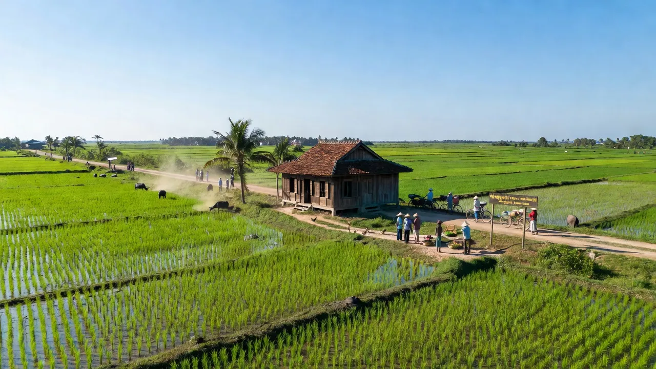 Khung cảnh xã Tân Khánh Hòa, huyện Giang Thành, tỉnh Kiên Giang với đồng xanh và nhà truyền thống.