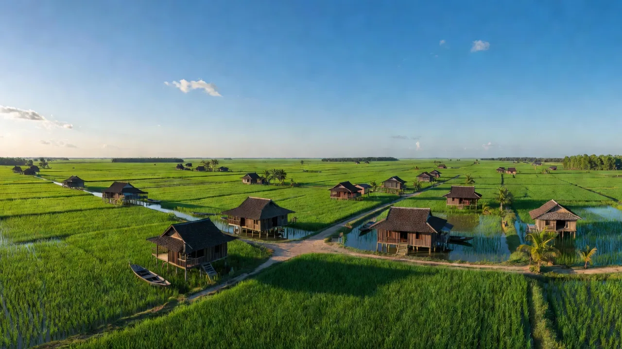 Cảnh sắc xã Vĩnh Điều, huyện Giang Thành, Kiên Giang với ruộng lúa và nhà truyền thống.
