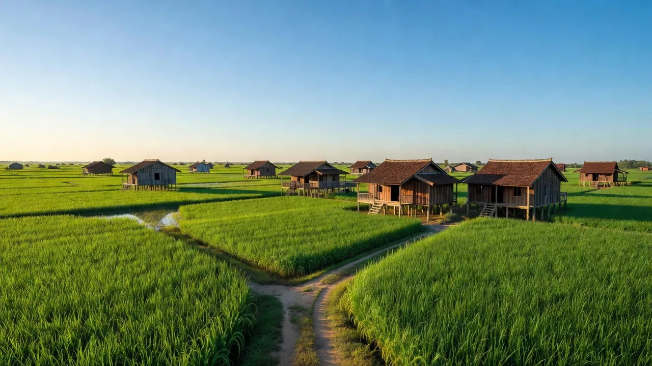 Phong cảnh xã Vĩnh Điều, huyện Giang Thành, tỉnh Kiên Giang với đồng lúa xanh và nhà gỗ truyền thống.