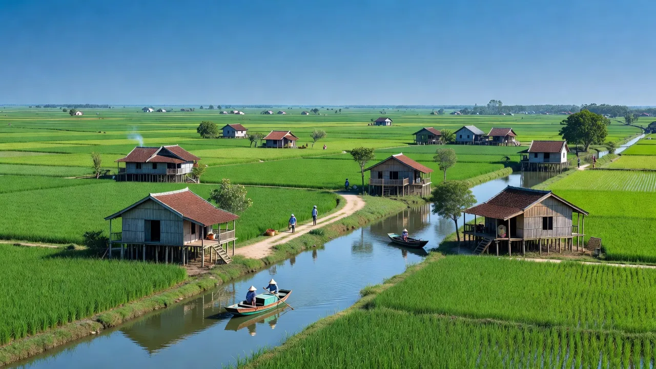 Cảnh quan xã Vĩnh Phú, huyện Giang Thành, tỉnh Kiên Giang với lúa, nhà truyền thống và kênh Võ Văn Kiệt.