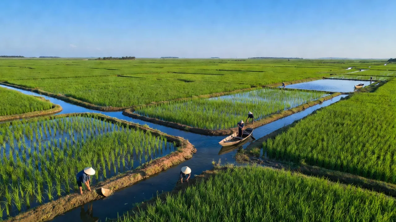 Cảnh đồng lúa tại xã Bàn Tân Định, huyện Giồng Riềng, tỉnh Kiên Giang, thể hiện nông nghiệp và thủy sản.