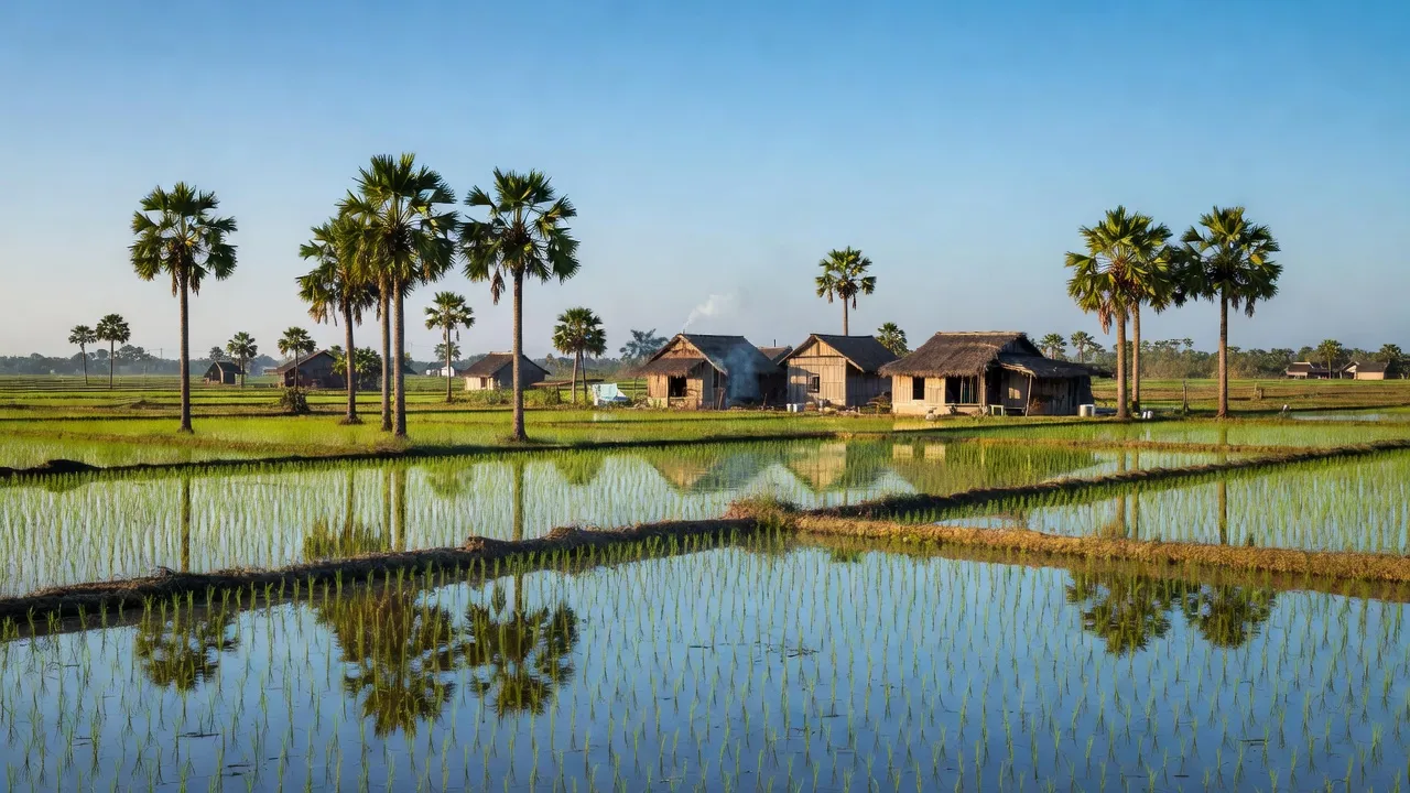 Cảnh quan Xã Bàn Thạch, Huyện Giồng Riềng, Tỉnh Kiên Giang với ruộng lúa và nhà nông thôn.