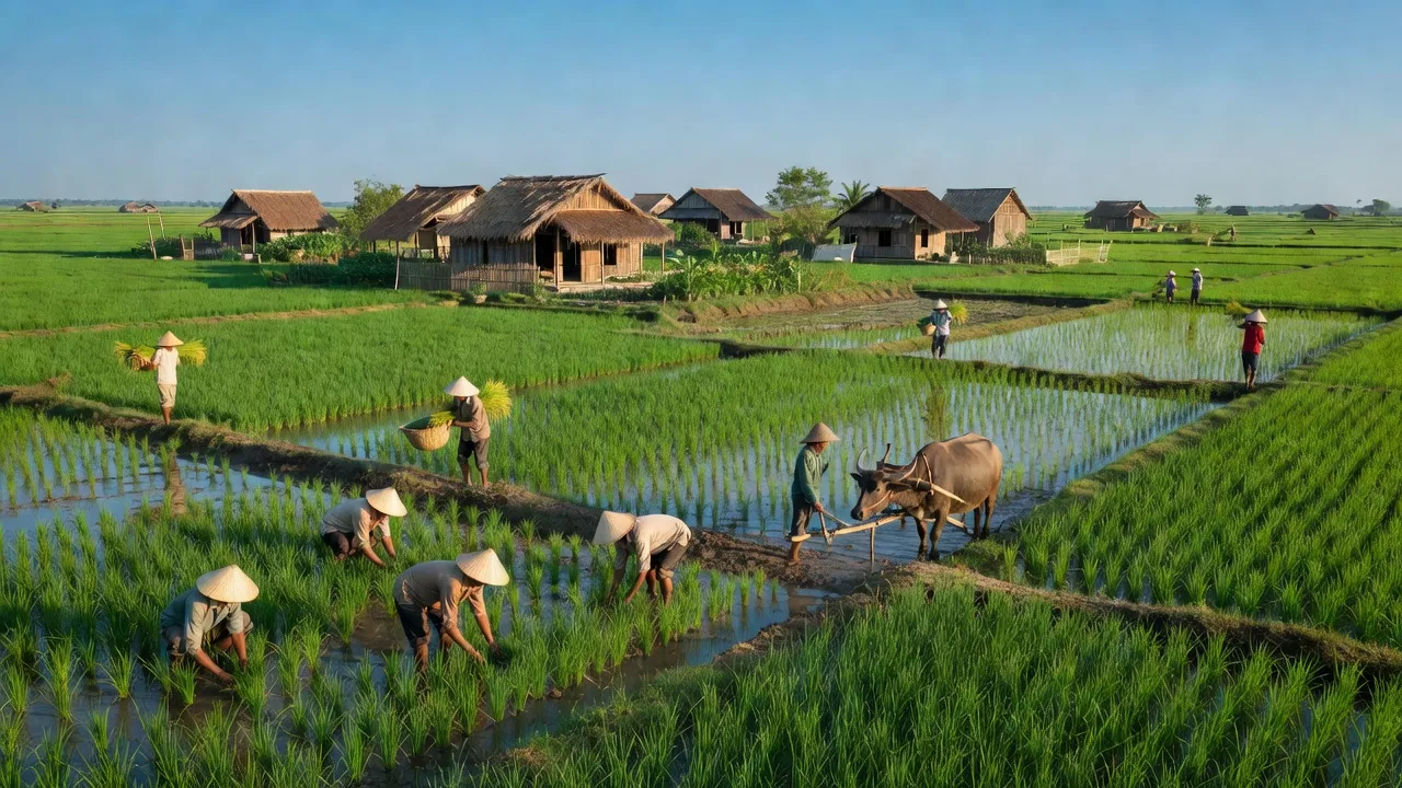 Cảnh sắc đẹp của xã Bàn Thạch, huyện Giồng Riềng, tỉnh Kiên Giang với đồng lúa xanh tươi.