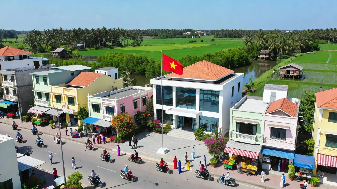 Thị trấn Giồng Riềng, Kiên Giang với trung tâm hành chính và cảnh quan xanh tươi, đông đúc.