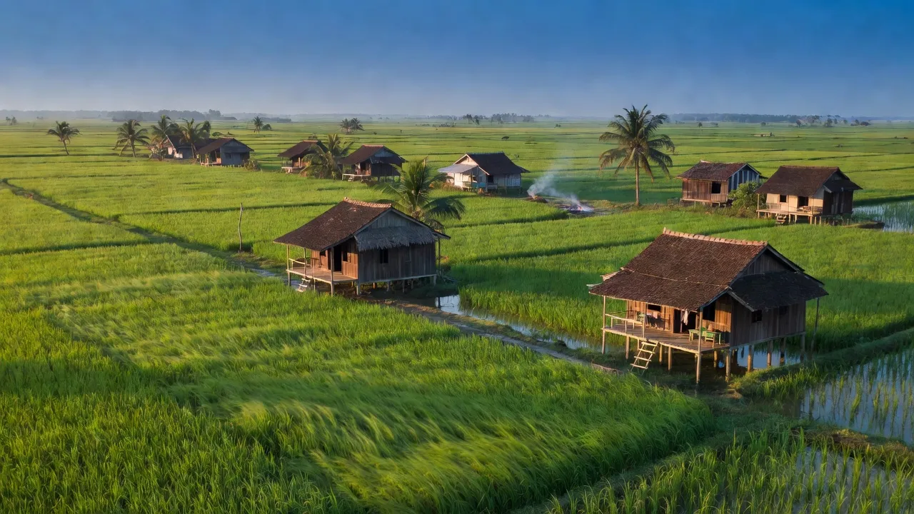 Cảnh hoà bình xã Hoà An, huyện Giồng Riềng, tỉnh Kiên Giang với ruộng bậc thang xanh tươi.