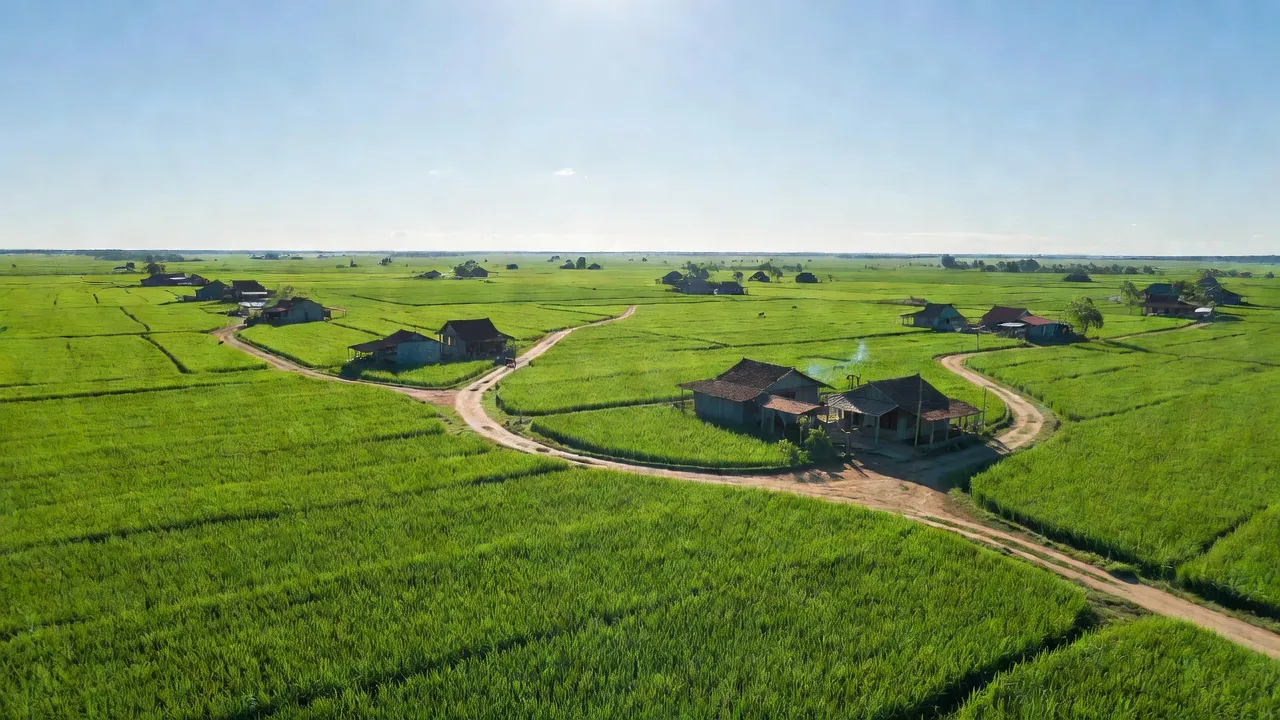 Cảnh sắc xã Hoà An, Giồng Riềng, Kiên Giang với cánh đồng xanh và ánh sáng mặt trời.