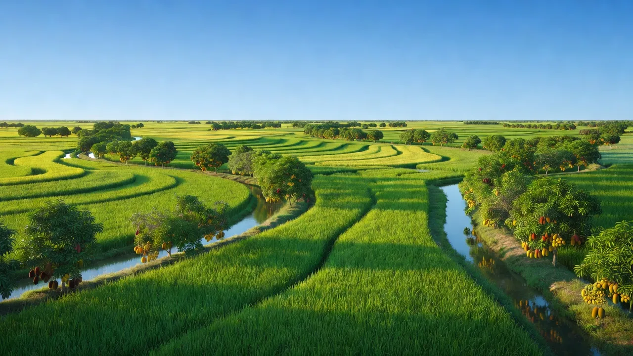 Cánh đồng lúa xanh mát ở xã Hòa Hưng, huyện Giồng Riềng, tỉnh Kiên Giang với kênh rạch.