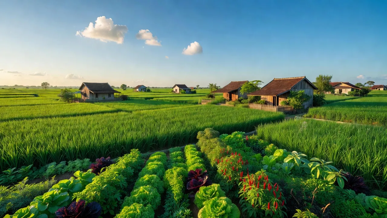 Cảnh đẹp xã Hoà Lợi, huyện Giồng Riềng, tỉnh Kiên Giang với cánh đồng lúa xanh mướt.