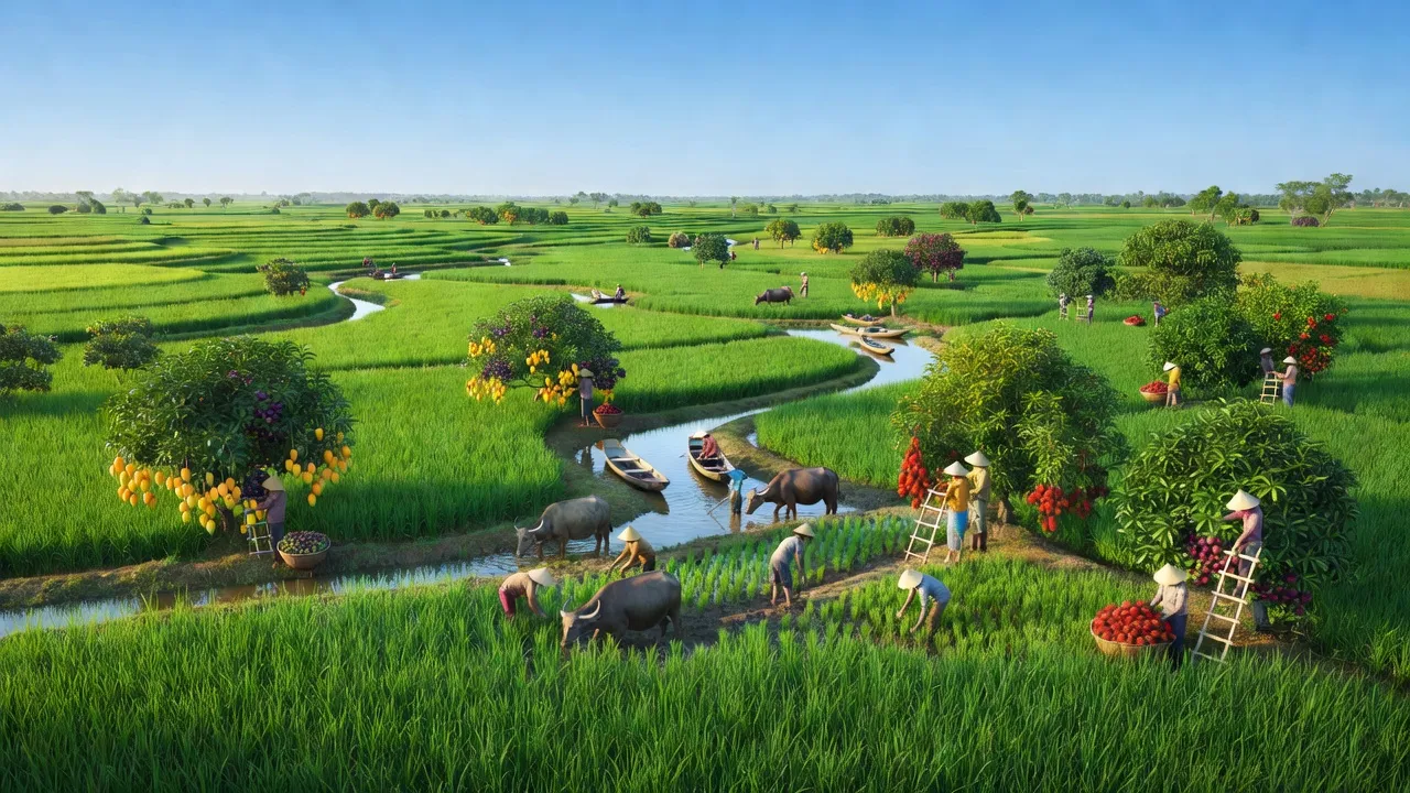 Cảnh nông nghiệp tại xã Hòa Thuận, huyện Giồng Riềng, Kiên Giang với ruộng lúa và cây ăn trái.