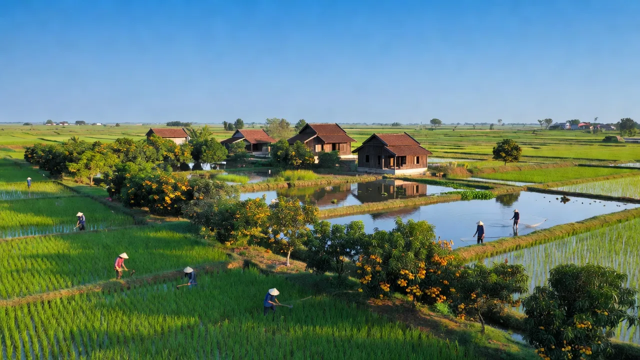 Cảnh nông nghiệp tại xã Hòa Thuận, huyện Giồng Riềng, tỉnh Kiên Giang với ruộng lúa và vườn cây ăn trái.