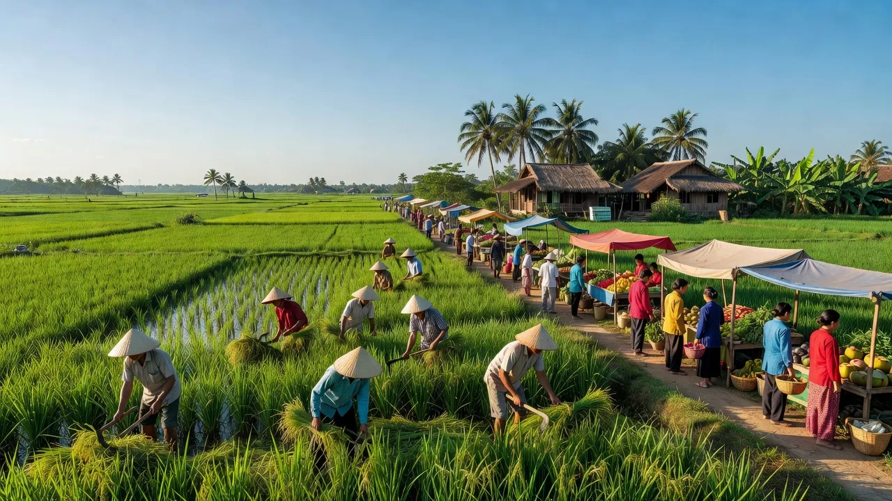 Cảnh đẹp xã Long Thạnh, huyện Giồng Riềng, tỉnh Kiên Giang với ruộng lúa và chợ quê.