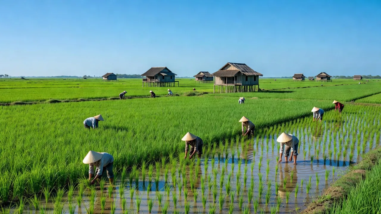 Cánh đồng xanh tươi tại xã Ngọc Hoà, huyện Giồng Riềng, tỉnh Kiên Giang, với nông dân trồng lúa.
