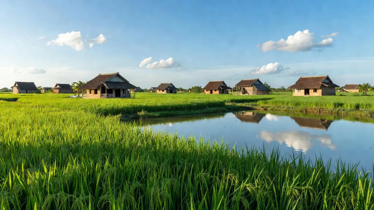 Cảnh nông thôn xã Ngọc Thành, Giồng Riềng, Kiên Giang với ruộng xanh tươi và nhà truyền thống.
