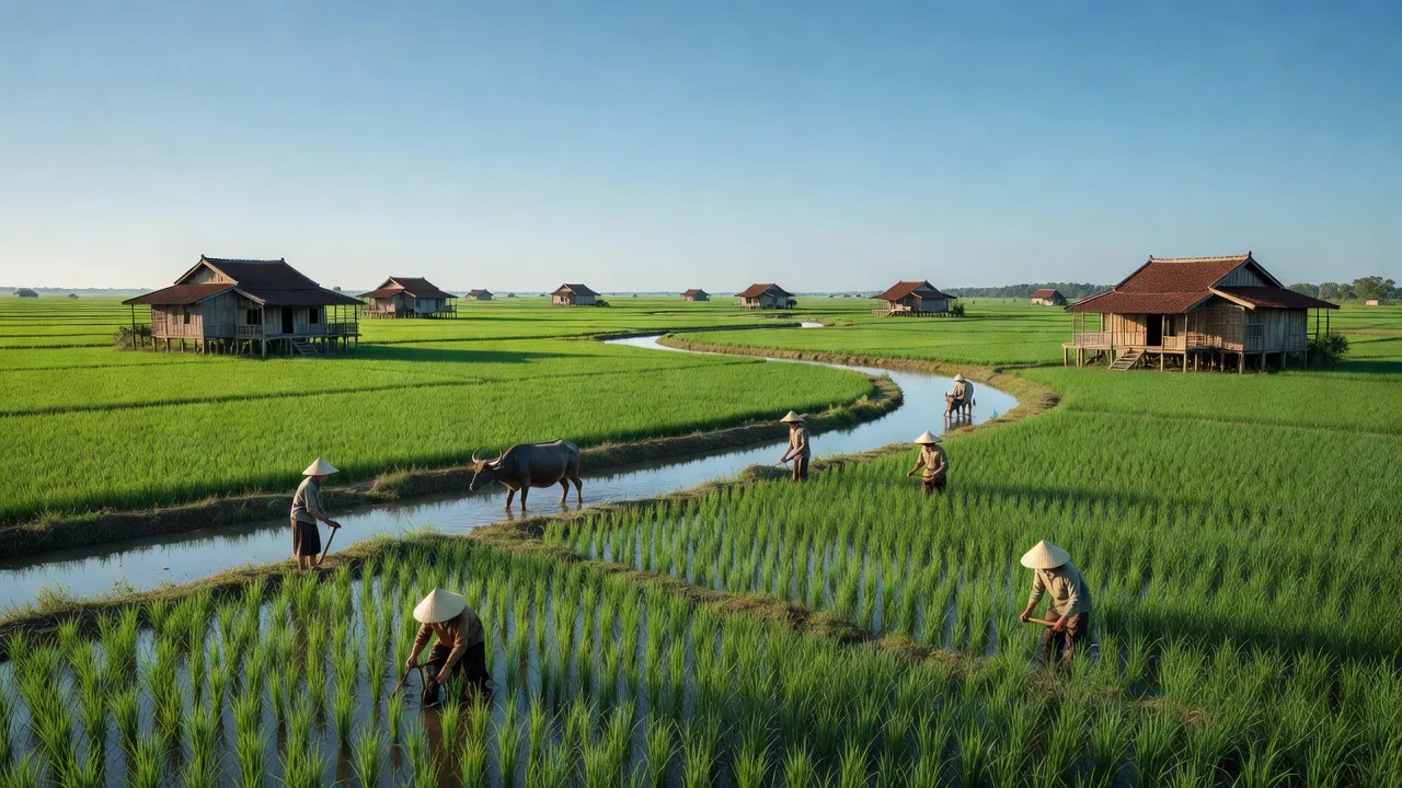Cảnh đồng quê xã Ngọc Thuận, Giồng Riềng, Kiên Giang với ruộng xanh và kênh rạch.