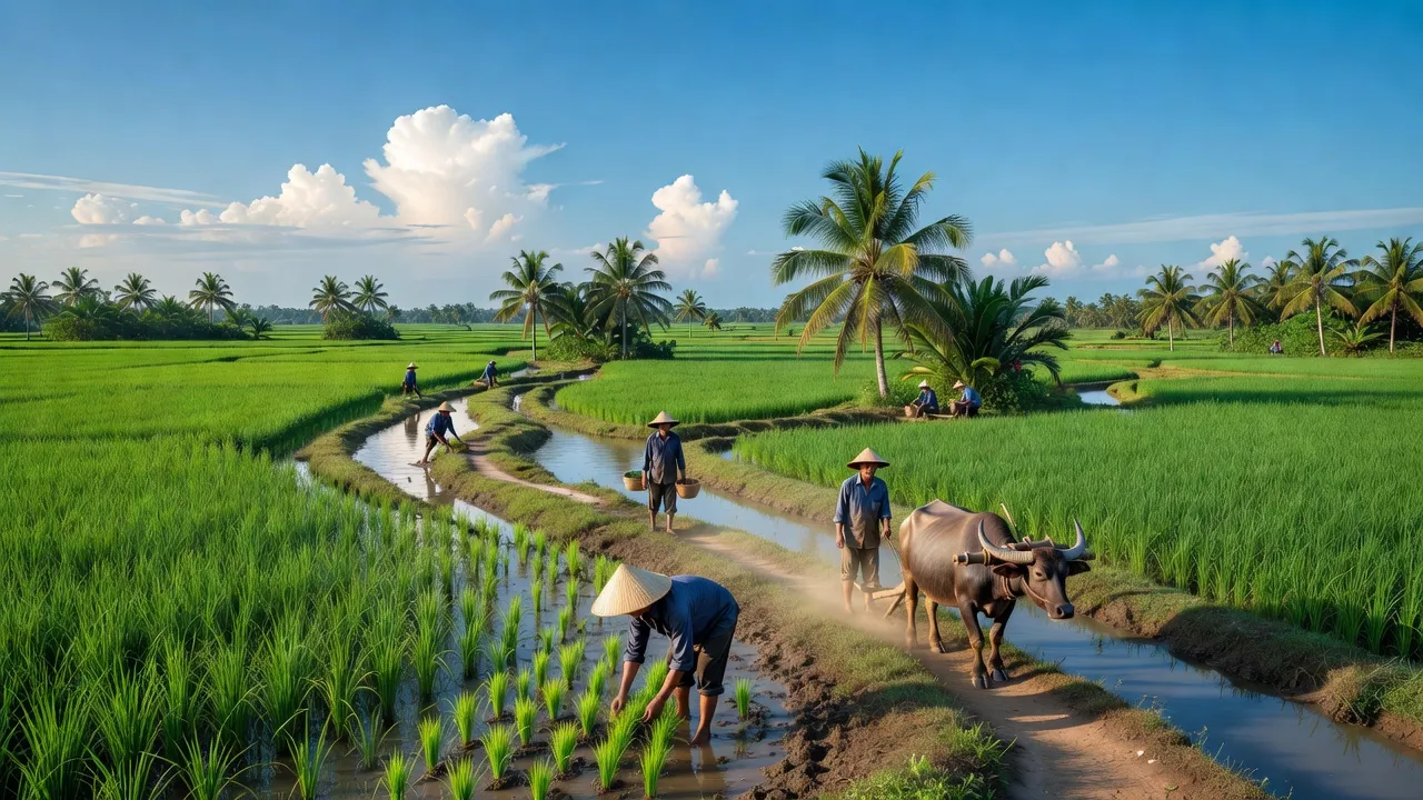 Cảnh quan nông thôn ở xã Ngọc Thuận, huyện Giồng Riềng, Kiên Giang với cánh đồng xanh và kênh rạch.