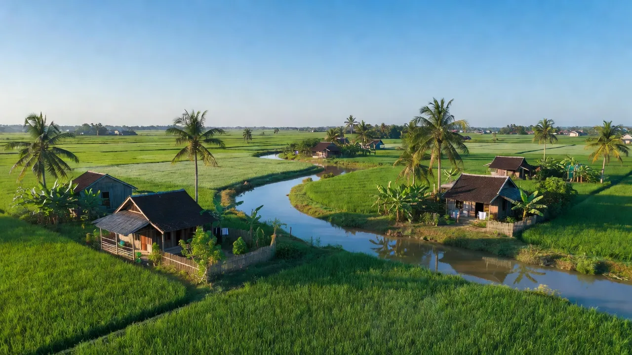 Cảnh đẹp nông thôn xã Thạnh Bình, Giồng Riềng, Kiên Giang với cánh đồng và nhà truyền thống.