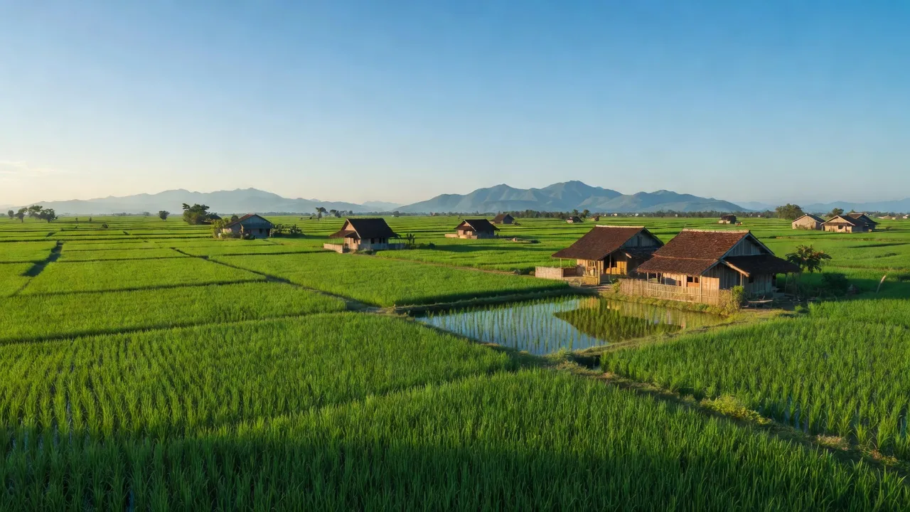 Cảnh đẹp xã Thạnh Bình, huyện Giồng Riềng, tỉnh Kiên Giang, với cánh đồng lúa xanh mướt.