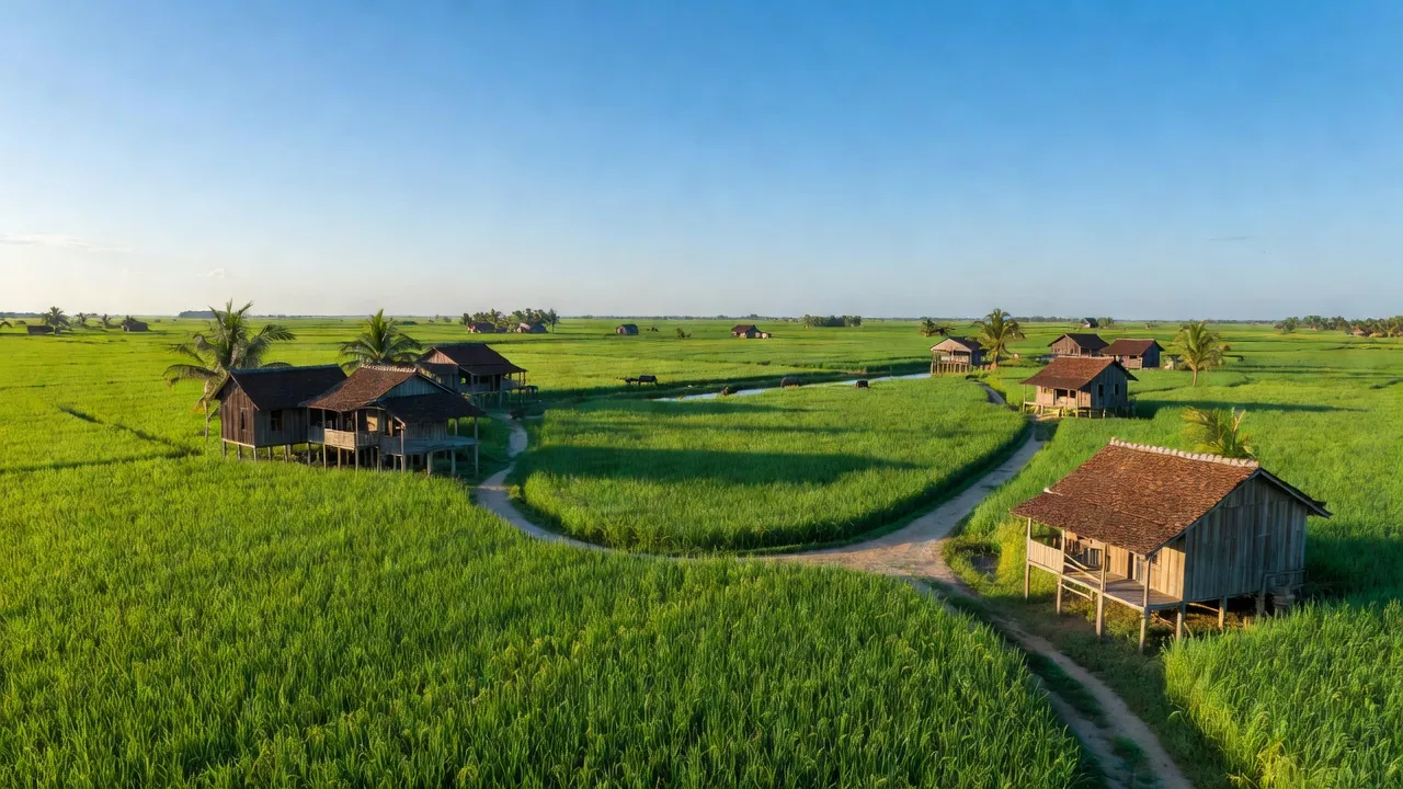 Cảnh đồng quê Thạnh Hòa, Giồng Riềng, Kiên Giang với cánh đồng xanh và nhà truyền thống.