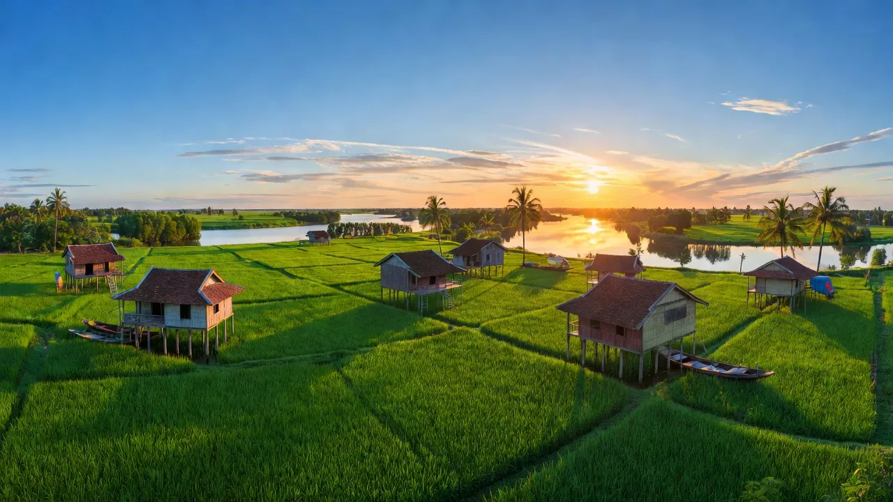 Khung cảnh Xã Thạnh Hưng, Huyện Giồng Riềng, Kiên Giang với cánh đồng xanh tươi và nhà truyền thống.