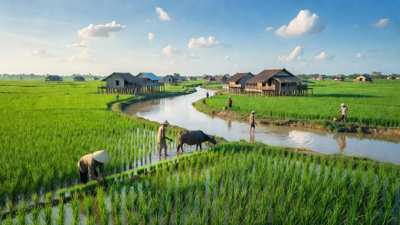 Khung cảnh đẹp của xã Thạnh Lộc, huyện Giồng Riềng, tỉnh Kiên Giang với cánh đồng xanh và sông.