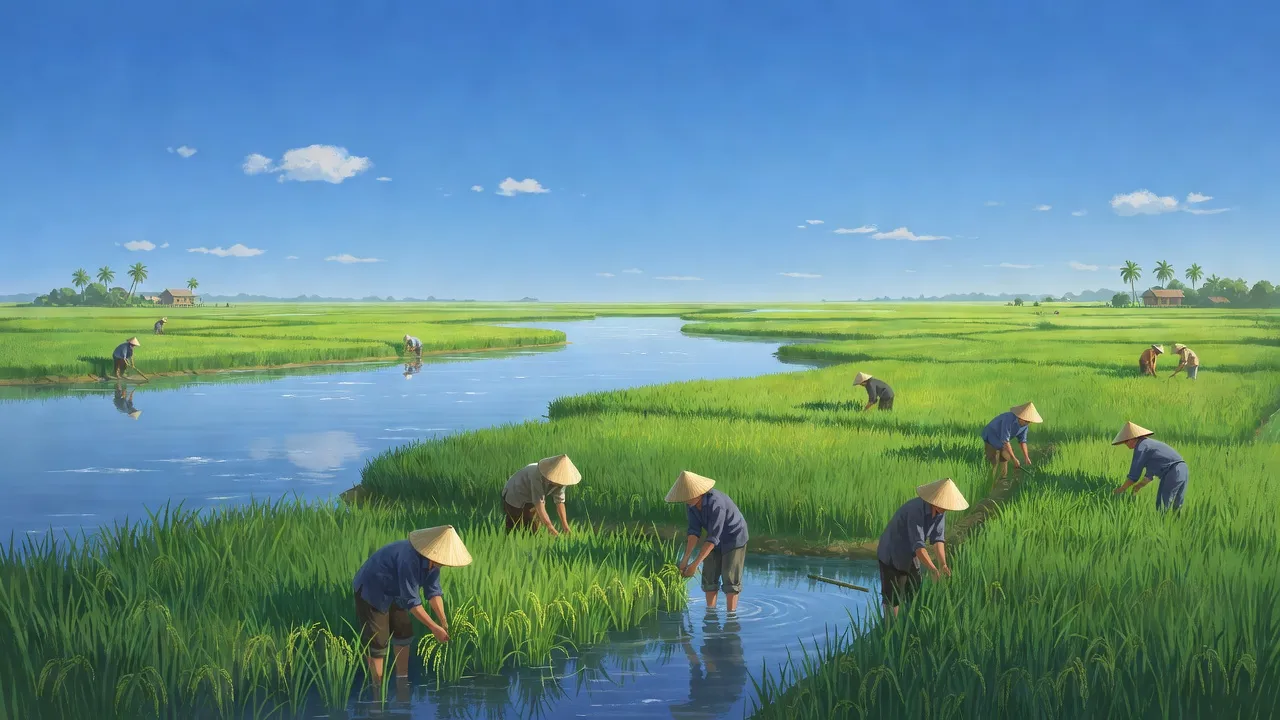 Cảnh đồng xanh và dòng sông ở xã Thạnh Phước, huyện Giồng Riềng, Kiên Giang, Việt Nam.