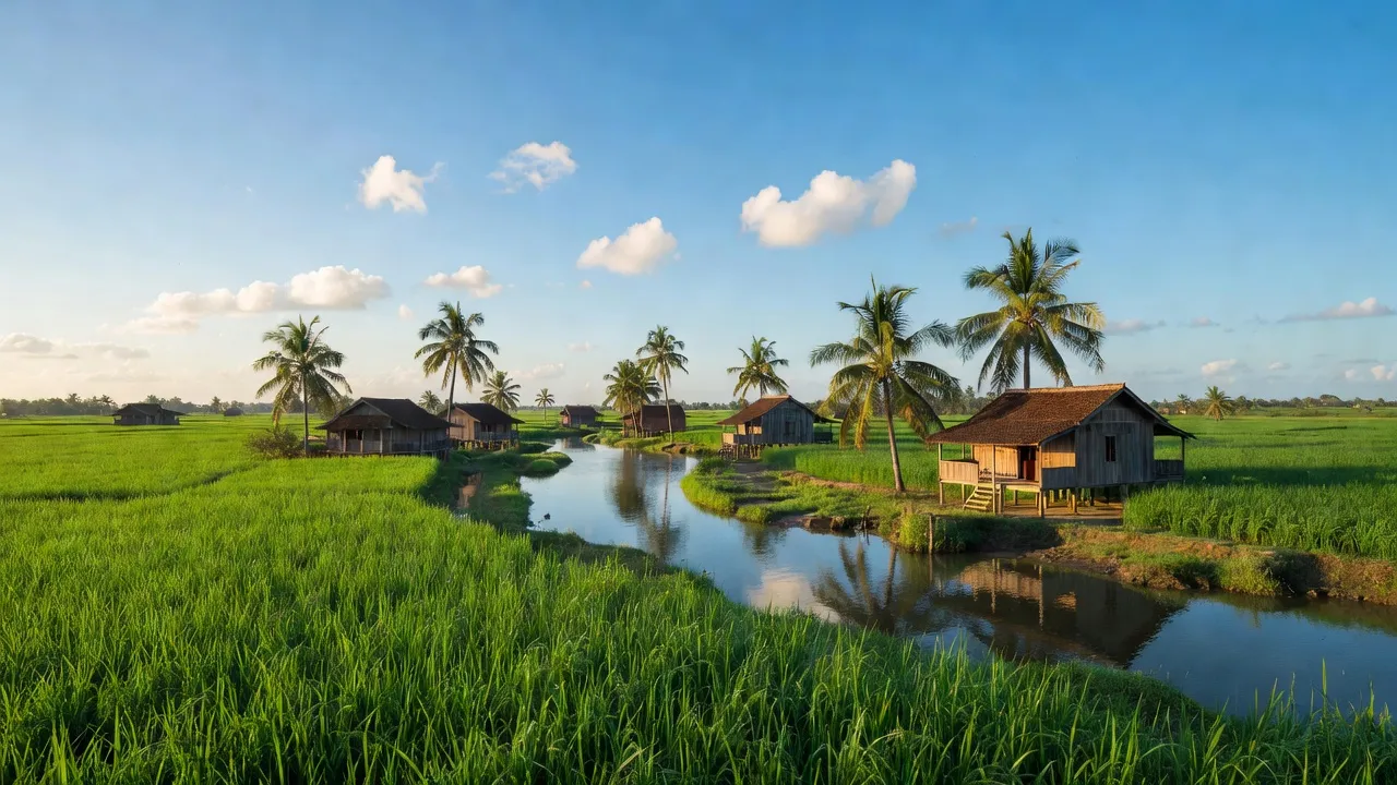 Cảnh sắc thiên nhiên xã Thạnh Phước, huyện Giồng Riềng, Kiên Giang với cánh đồng và dòng sông.