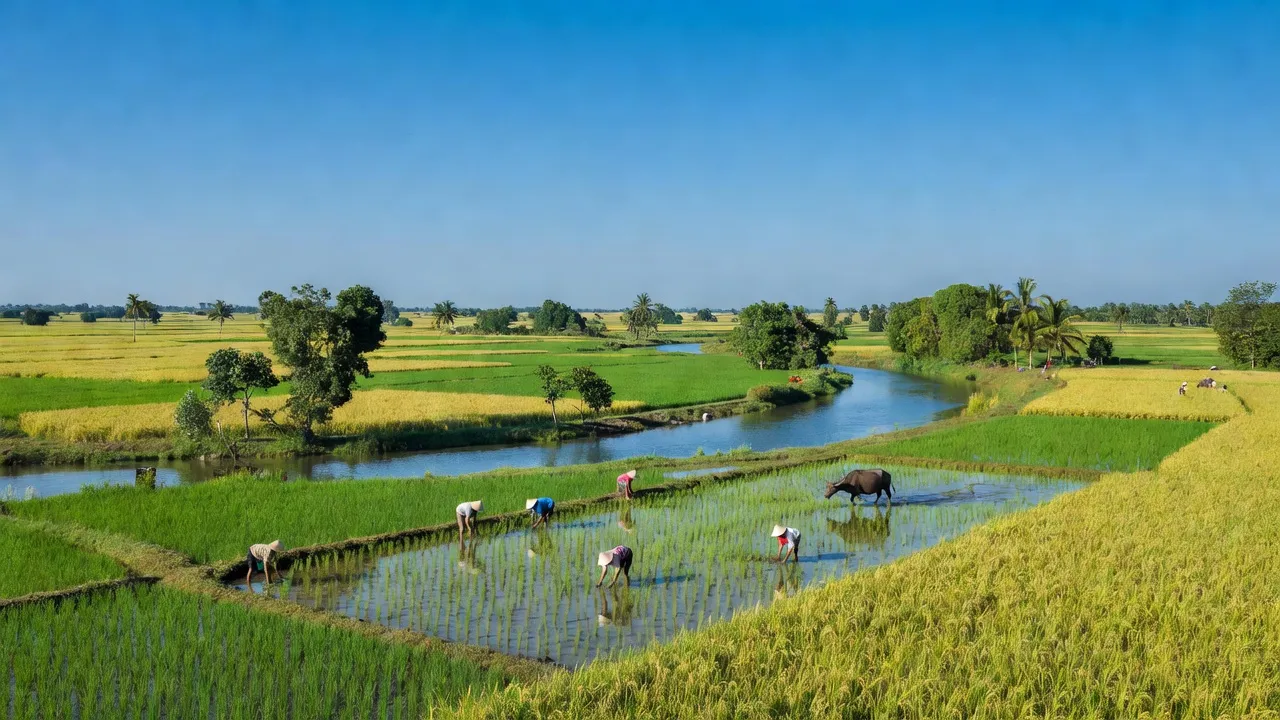 Cảnh đồng xanh và dòng sông ở xã Vĩnh Phú, huyện Giồng Riềng, Kiên Giang, Việt Nam.