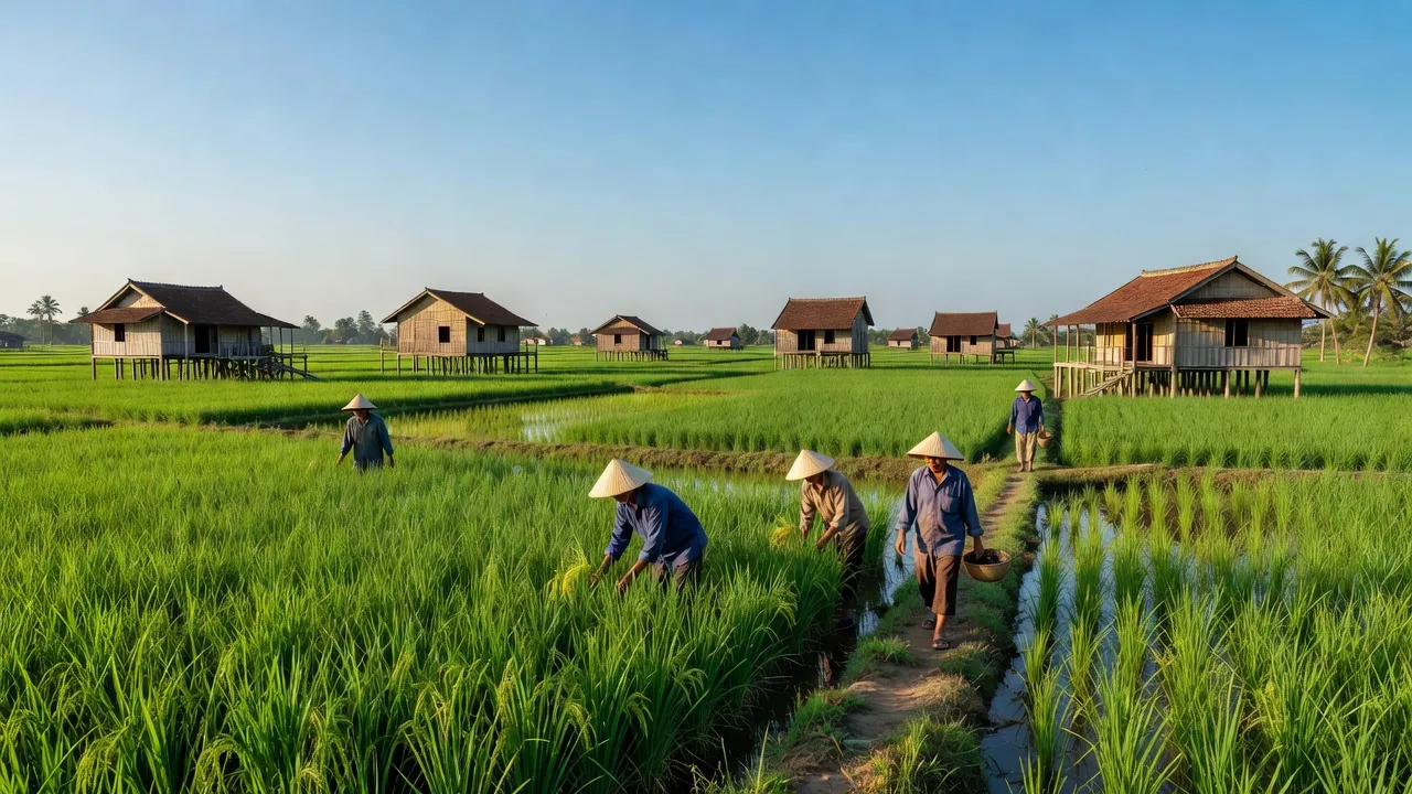 Khung cảnh yên bình tại xã Vĩnh Phú, huyện Giồng Riềng, tỉnh Kiên Giang với cánh đồng xanh.
