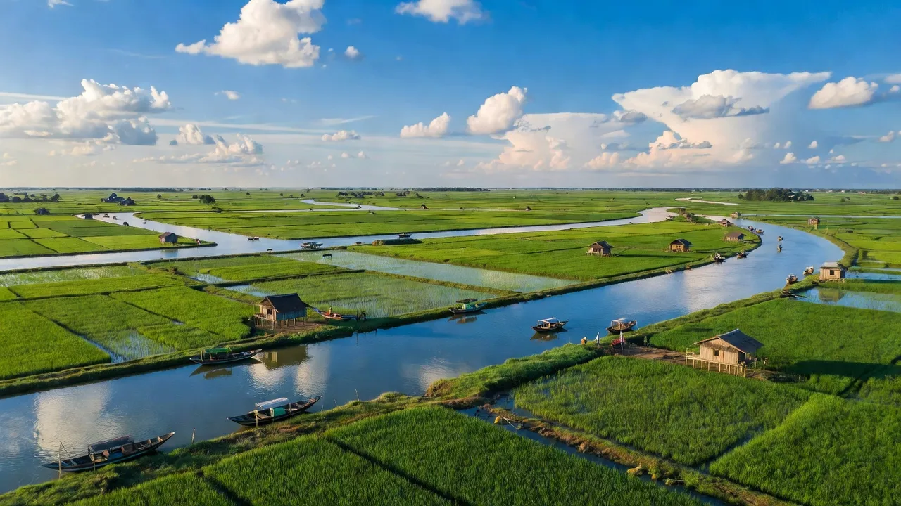 Khung cảnh yên bình tại xã Vĩnh Thạnh, huyện Giồng Riềng, tỉnh Kiên Giang với đồng quê xanh tươi.