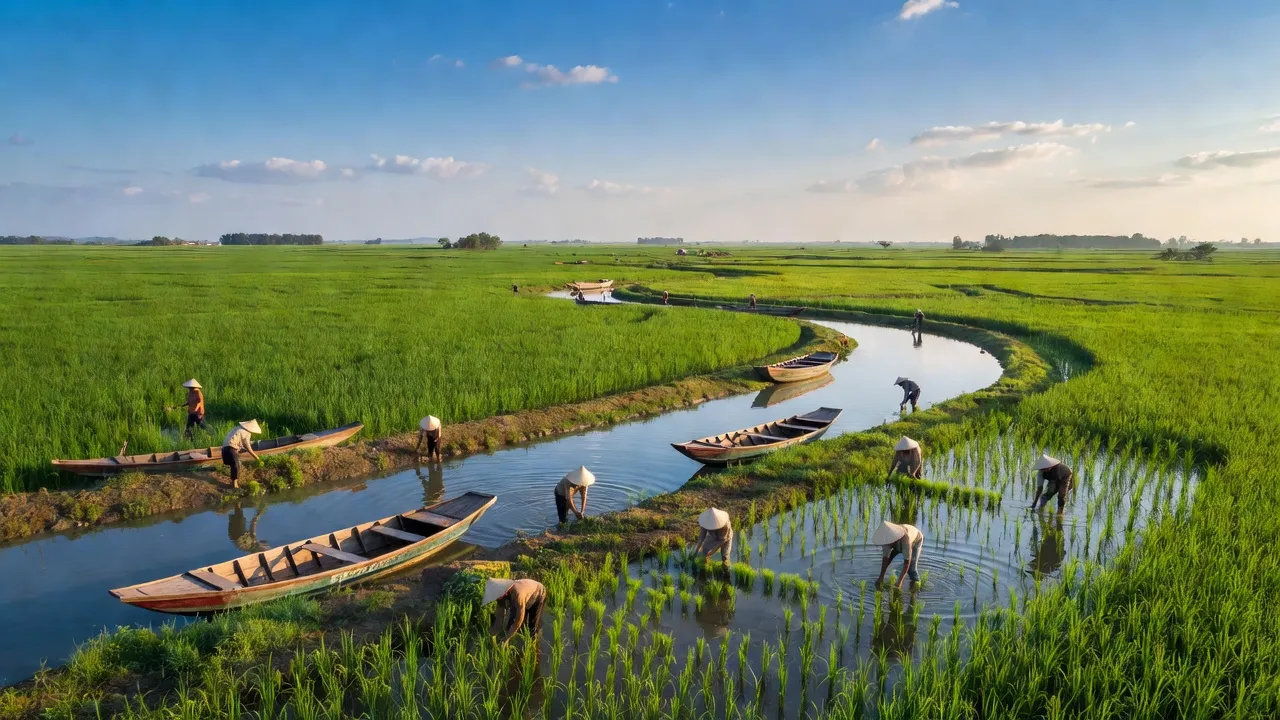 Phong cảnh yên bình xã Vĩnh Thạnh, Giồng Riềng, Kiên Giang với cánh đồng xanh và kênh rạch.