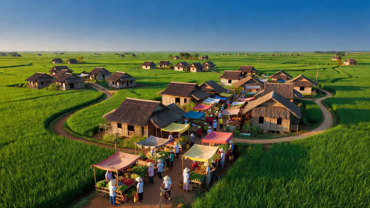 Khung cảnh huyện Gò Quao, Kiên Giang với cánh đồng xanh và nhà truyền thống, thể hiện đời sống nông thôn.