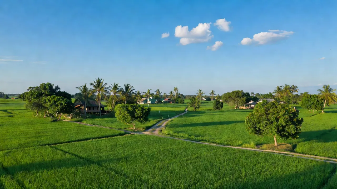 Cảnh quan bình yên ở xã Định An, huyện Gò Quao, Kiên Giang với cánh đồng xanh và bầu trời trong xanh.