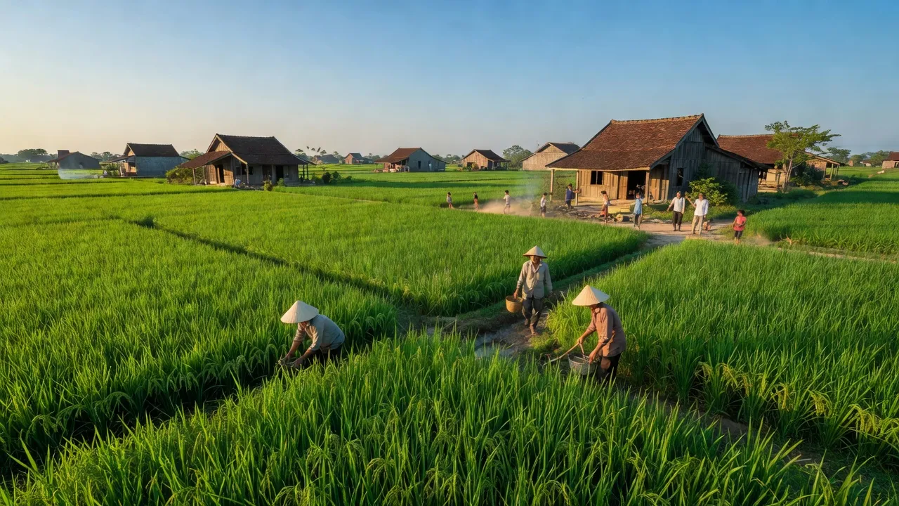 Cảnh quê yên bình tại Định Hòa, Gò Quao, Kiên Giang với cánh đồng xanh và nhà truyền thống.