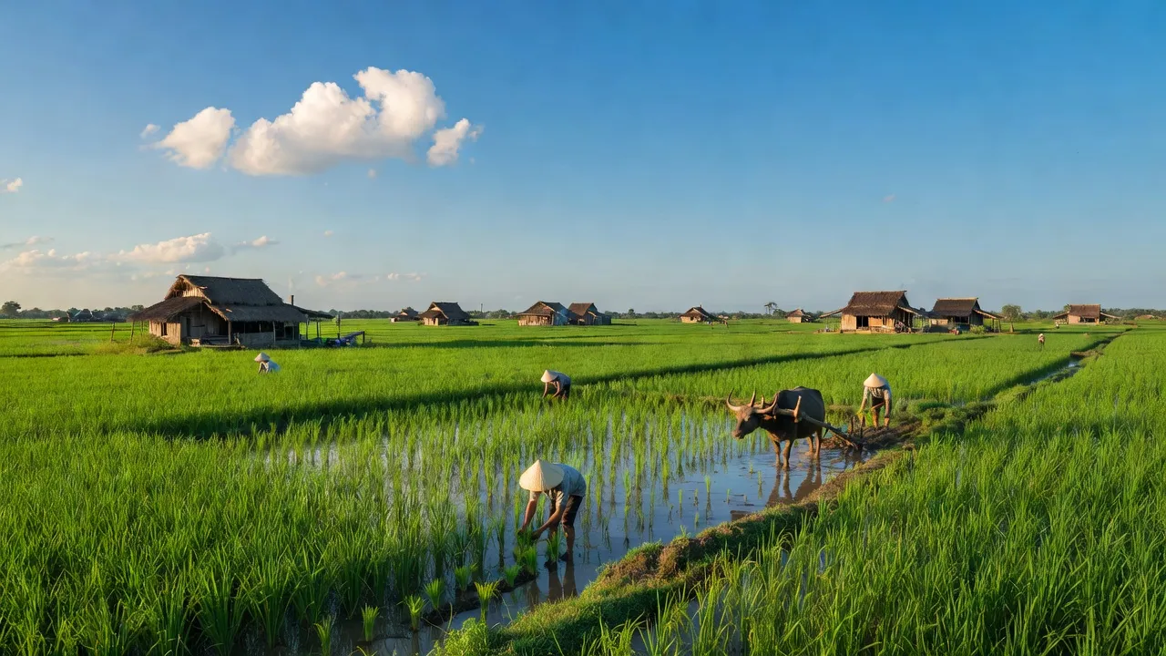 Phong cảnh nông thôn tại xã Định Hòa, huyện Gò Quao, tỉnh Kiên Giang, với cánh đồng xanh tươi.